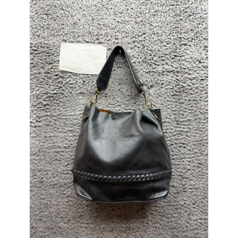 Polo Ralph Lauren Women's Whipstitch Leather Bucket Hobo Bag Handbag Black
